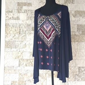 Croft & Barrow Boho Tunic Top LG, Faux Jacket Navy Blue Aztec Paisley Layers EUC